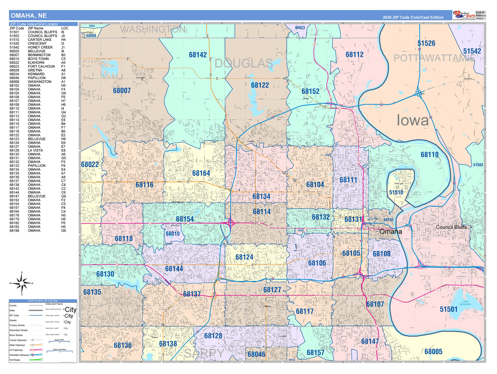 Colorcast Zip Code Style Wall Map of Omaha NE