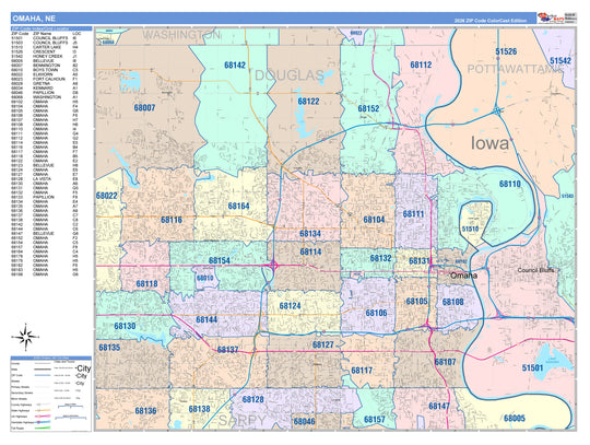 Colorcast Zip Code Style Wall Map of Omaha, NE – American Map Store