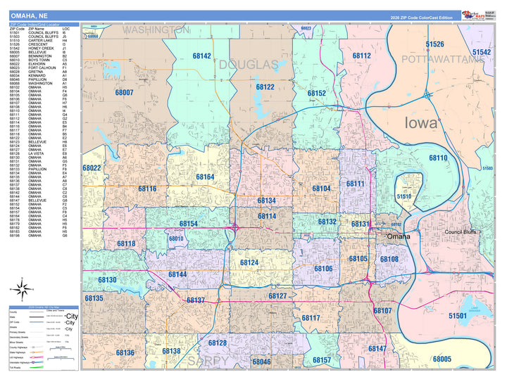 Colorcast Zip Code Style Wall Map of Omaha, NE – American Map Store