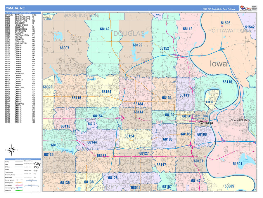 Colorcast Zip Code Style Wall Map of Omaha, NE – American Map Store