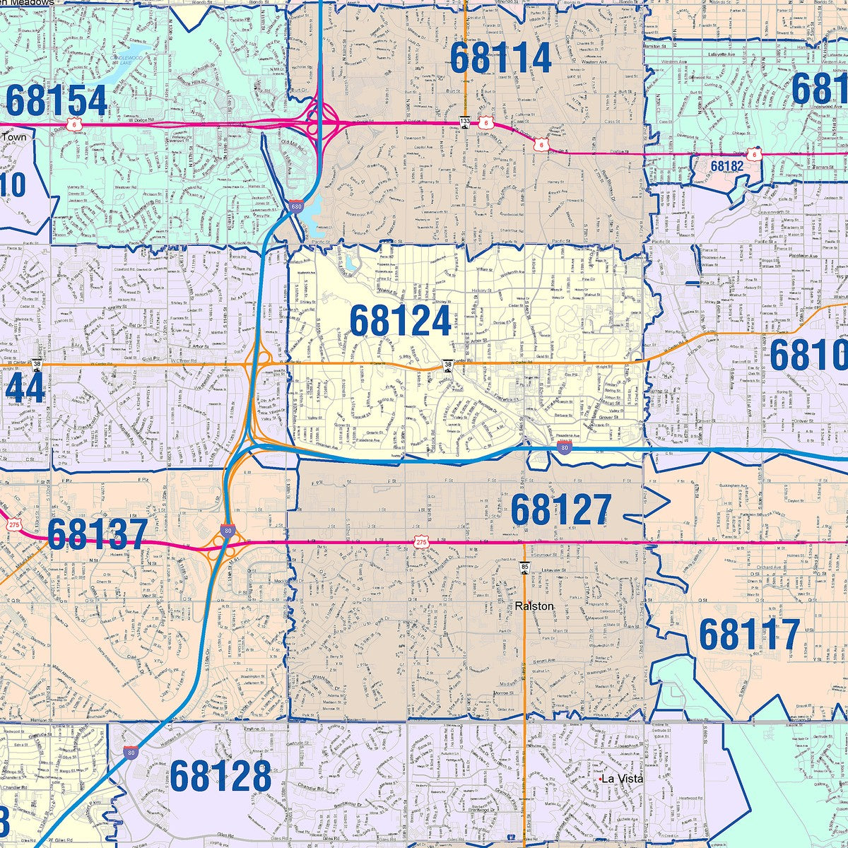 Colorcast Zip Code Style Wall Map of Omaha, NE – American Map Store