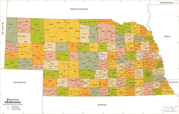 Nebraska Zip Code Map with Counties
