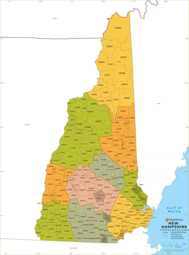 New Hampshire Zip Code Mao with Counties