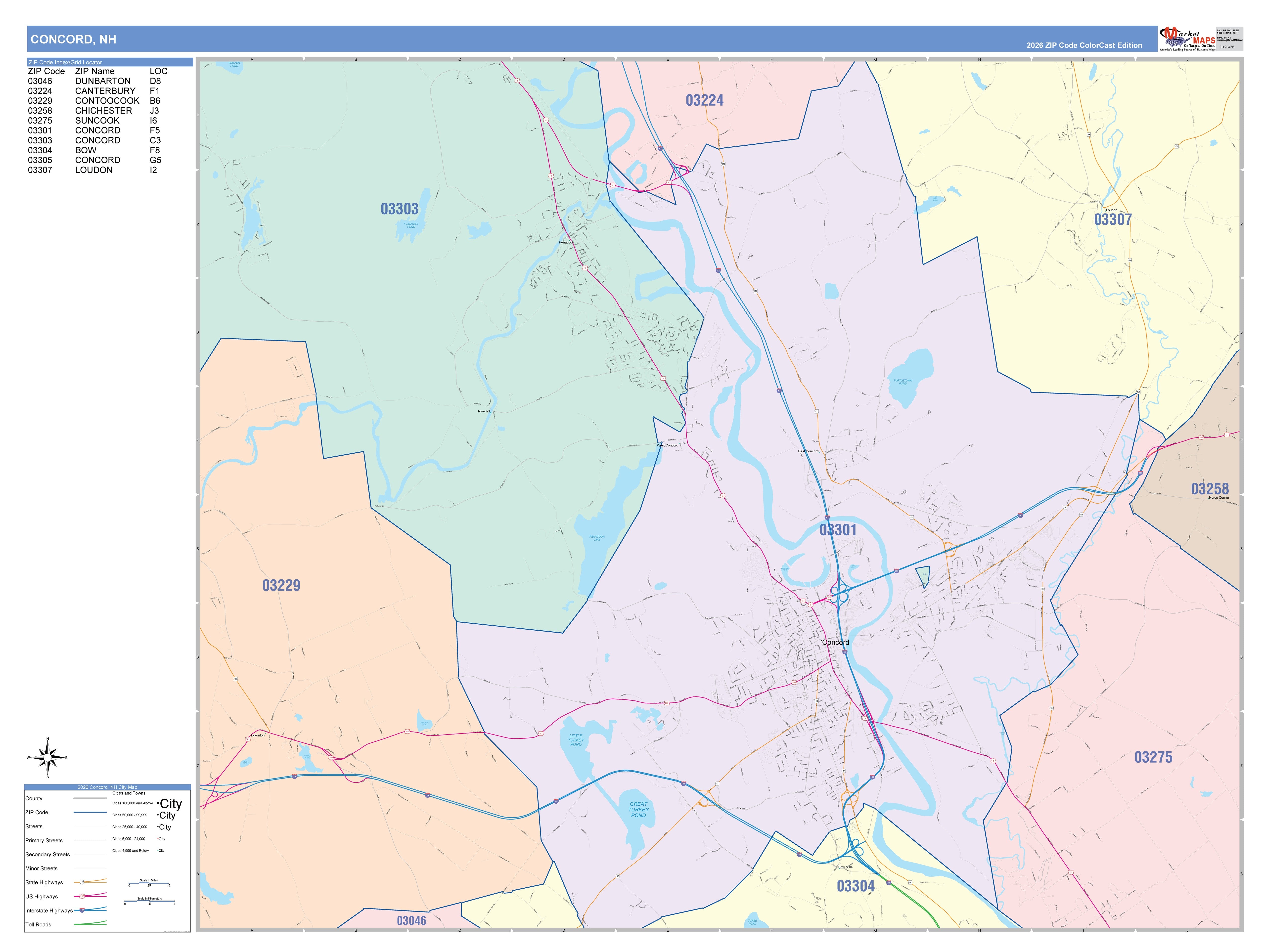 Color Cast Zip Code Style Wall Map of Concord, NH – American Map Store