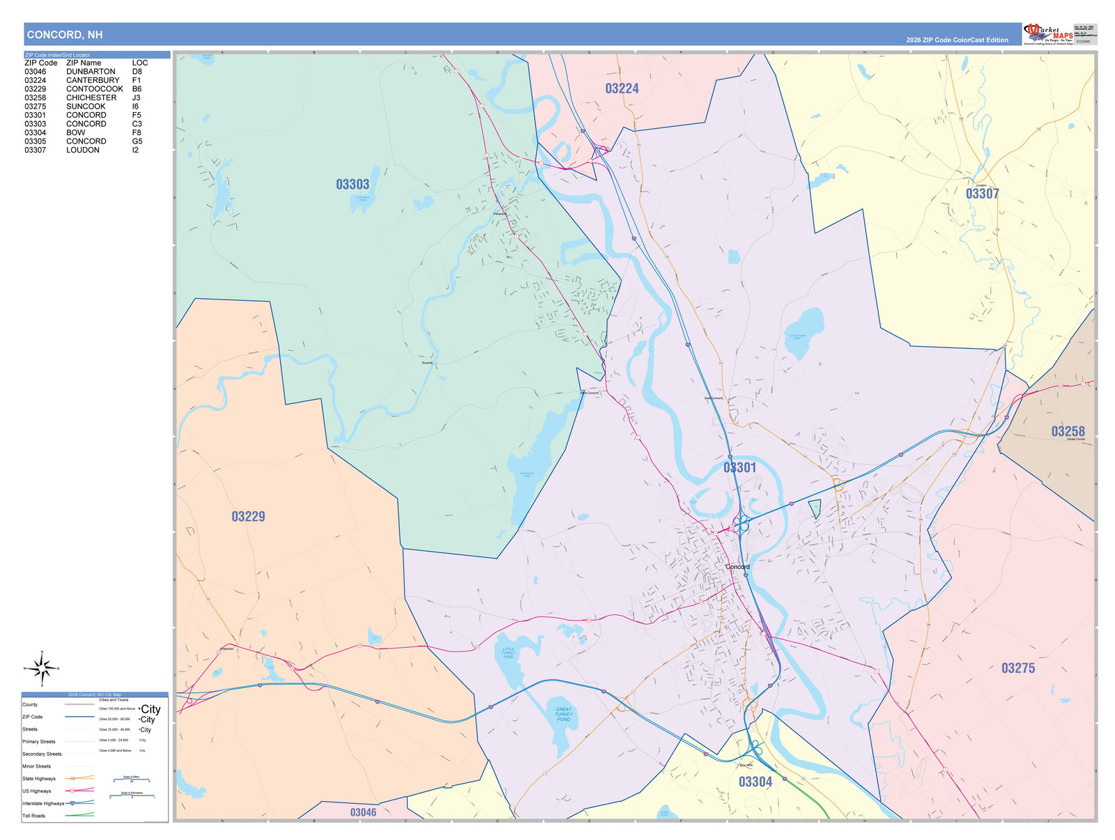Color Cast Zip Code Style Wall Map of Concord, NH