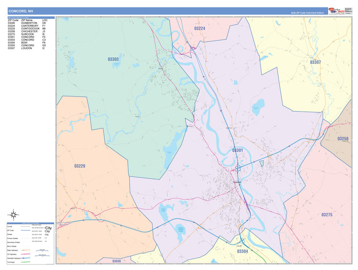 Color Cast Zip Code Style Wall Map of Concord, NH