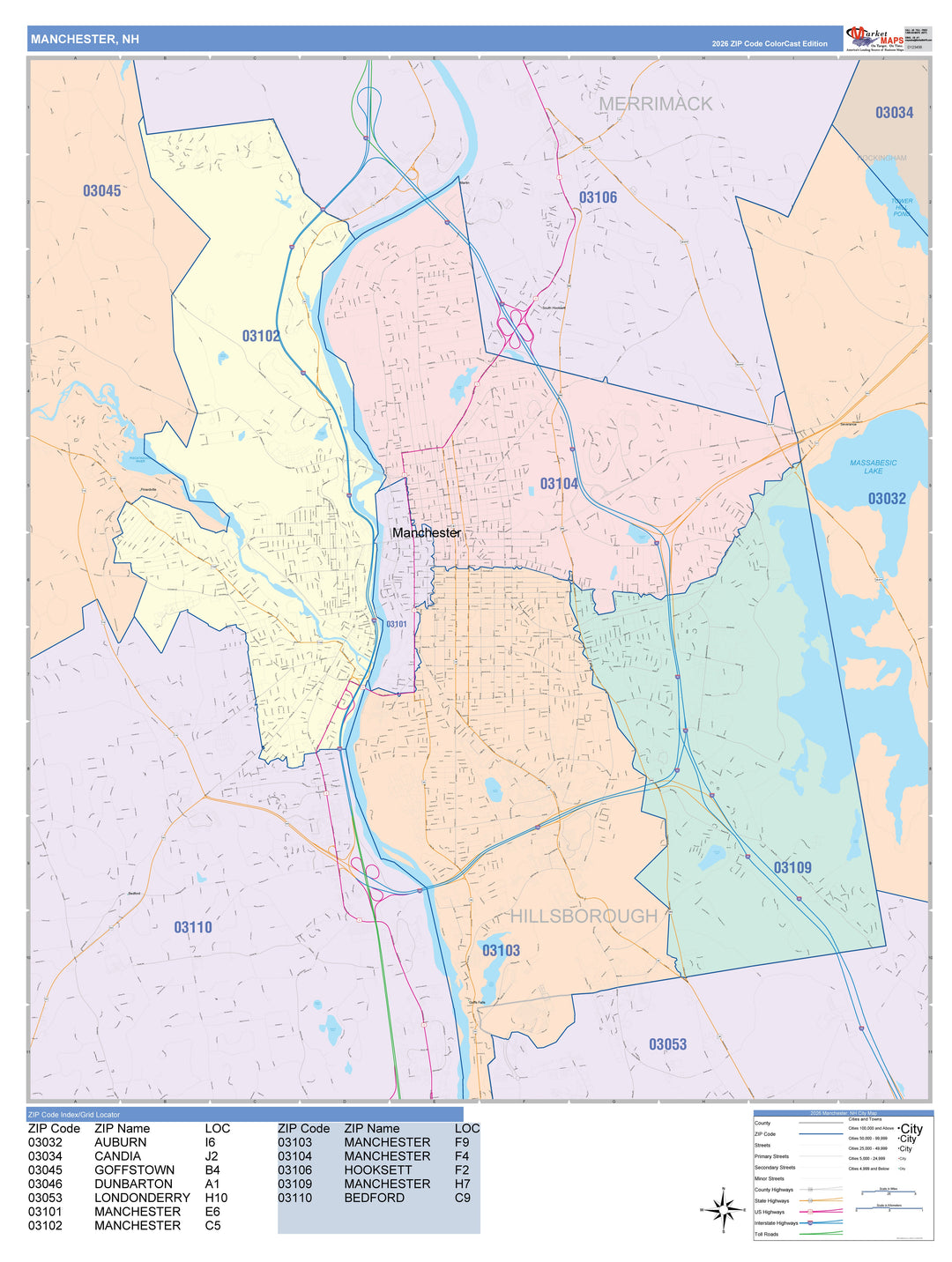 Color Cast Zip Code Style Wall Map of Manchester, NH