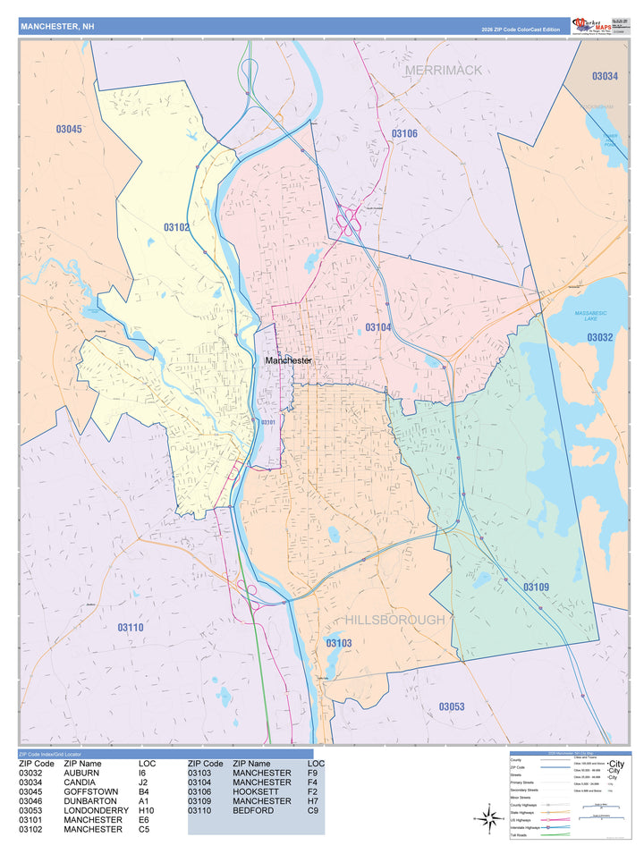 Color Cast Zip Code Style Wall Map of Manchester, NH
