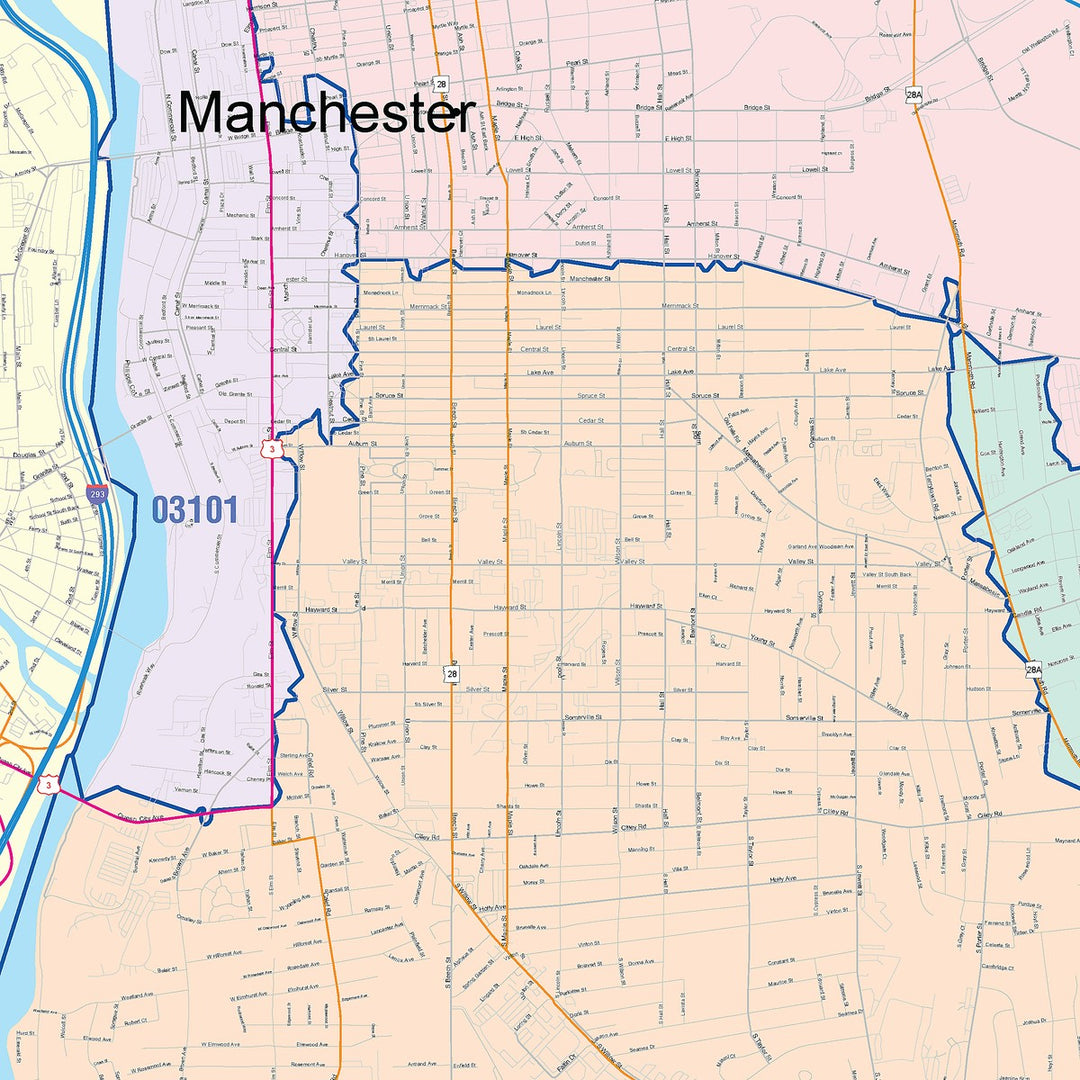 Color Cast Zip Code Style Wall Map of Manchester, NH