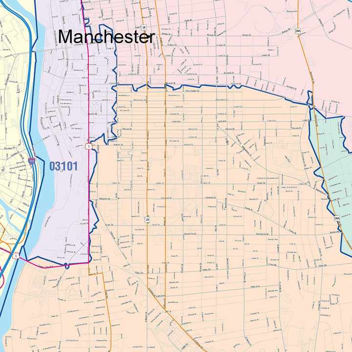 Color Cast Zip Code Style Wall Map of Manchester, NH