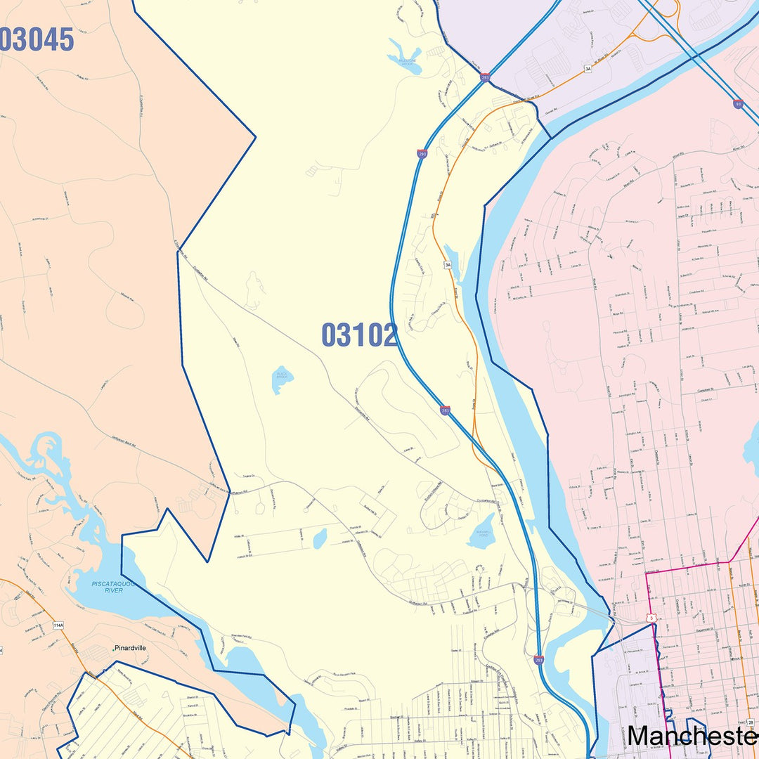 Color Cast Zip Code Style Wall Map of Manchester, NH