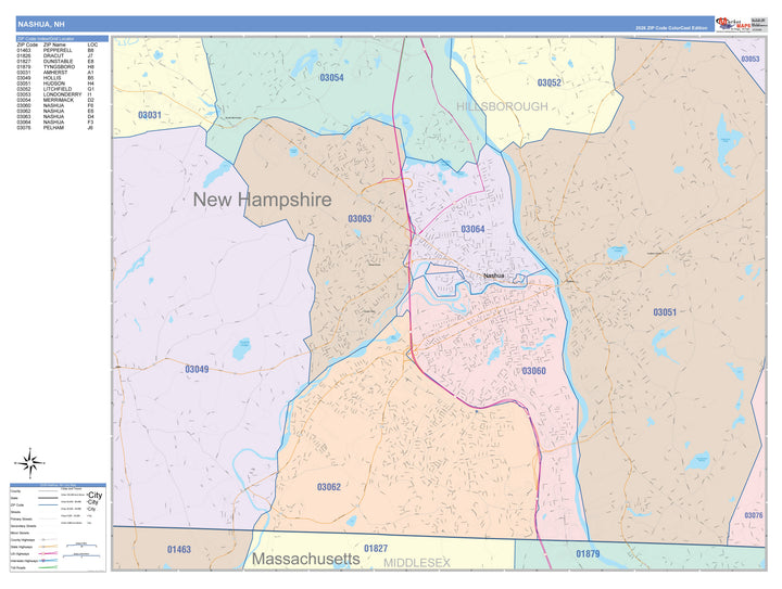 Color Cast Zip Code Style Wall Map of Nashua, NH