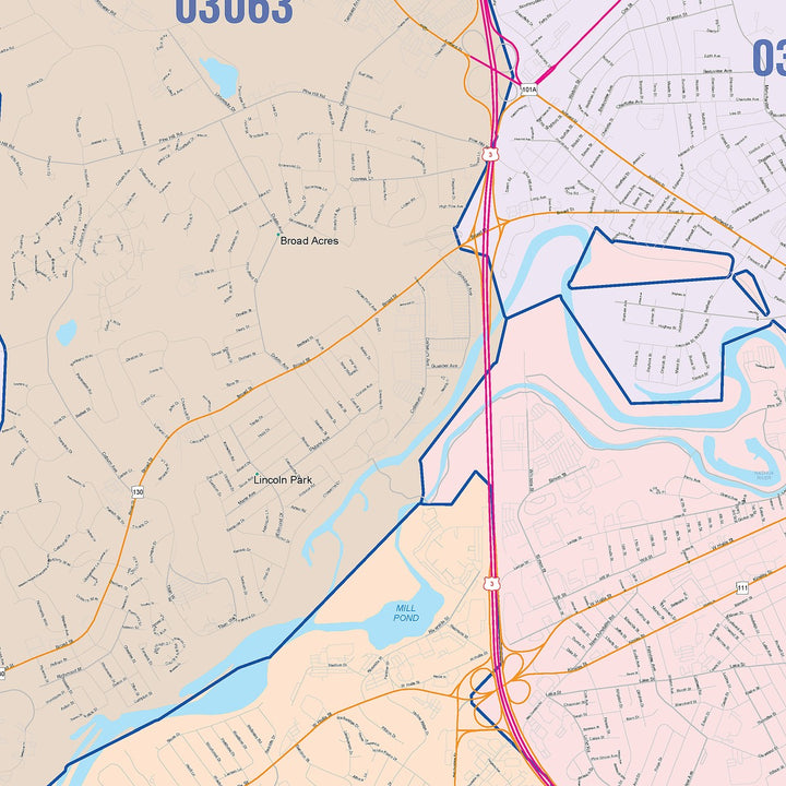 Color Cast Zip Code Style Wall Map of Nashua, NH