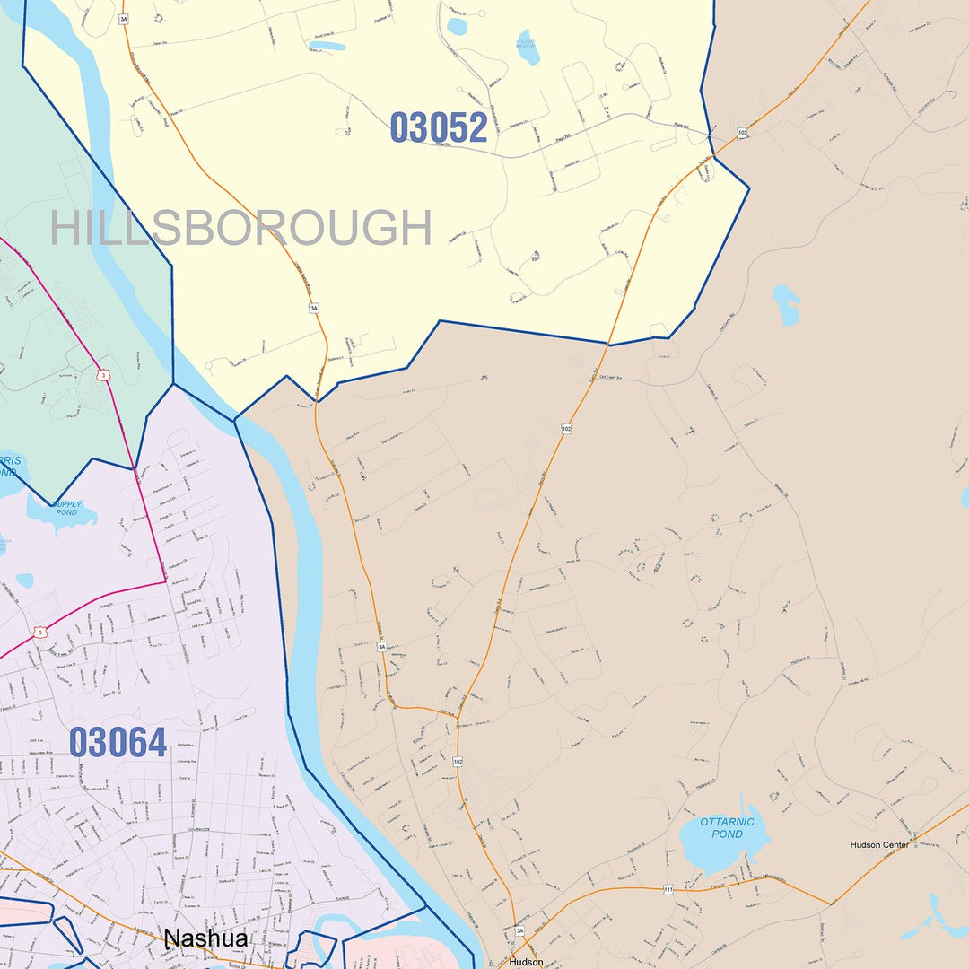 Color Cast Zip Code Style Wall Map of Nashua, NH