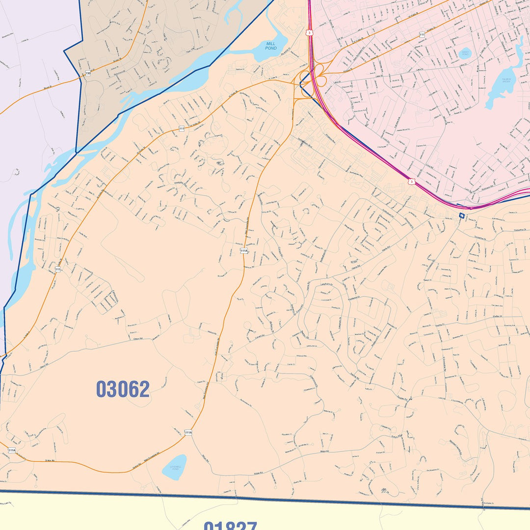 Color Cast Zip Code Style Wall Map of Nashua, NH