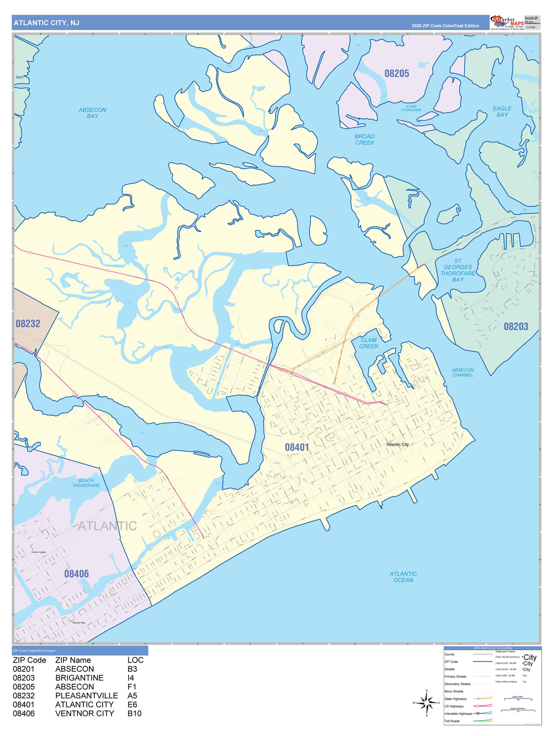 Color Cast Zip Code Style Wall Map of Atlantic City, NJ