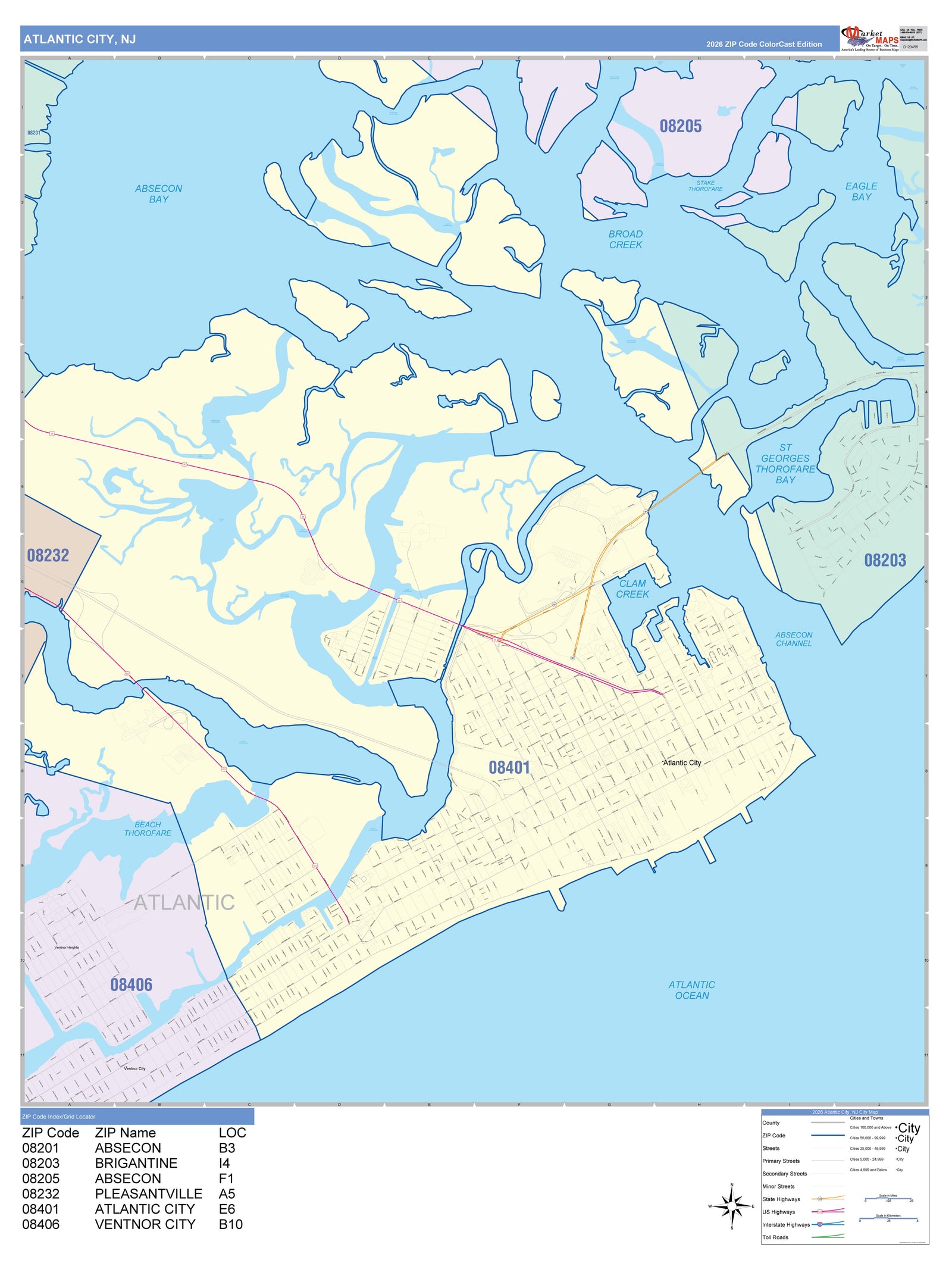 Color Cast Zip Code Style Wall Map of Atlantic City, NJ
