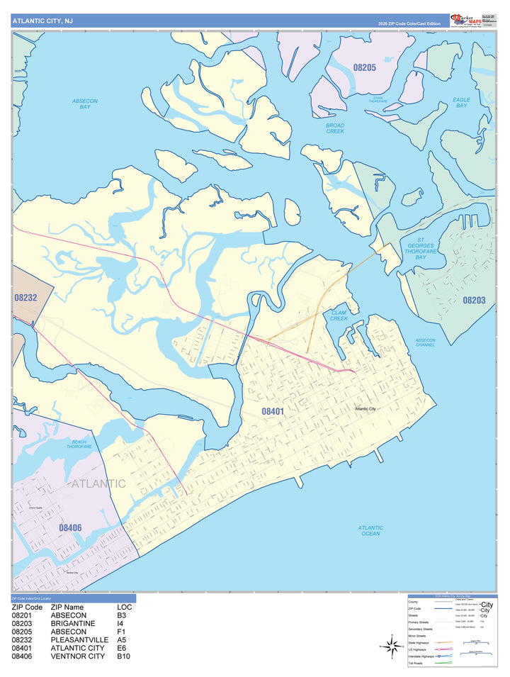 Color Cast Zip Code Style Wall Map of Atlantic City, NJ