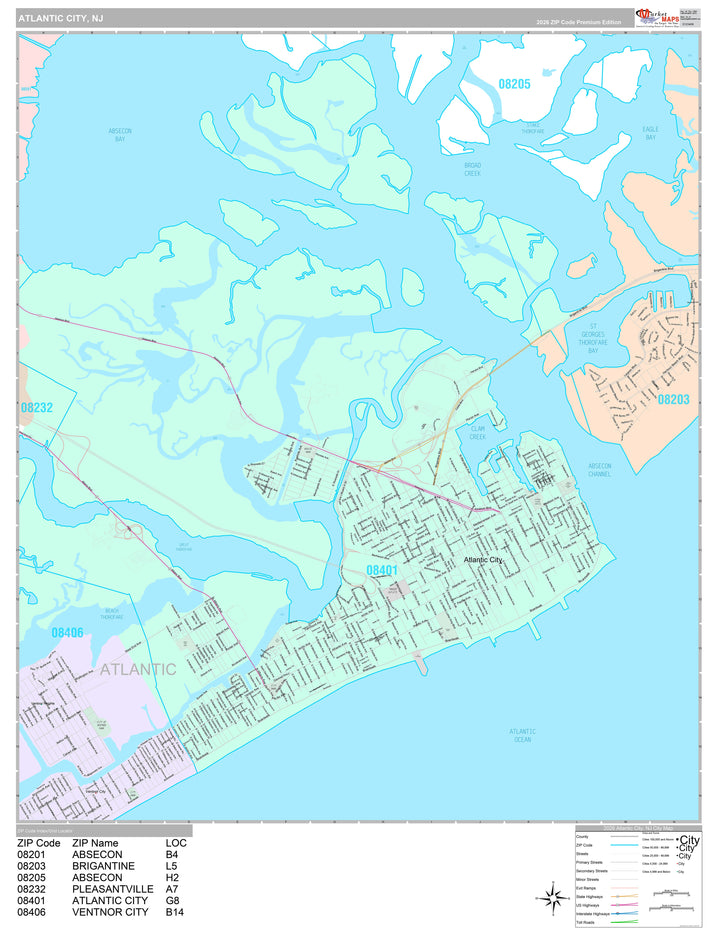 Premium Style Wall Map of Atlantic City, NJ