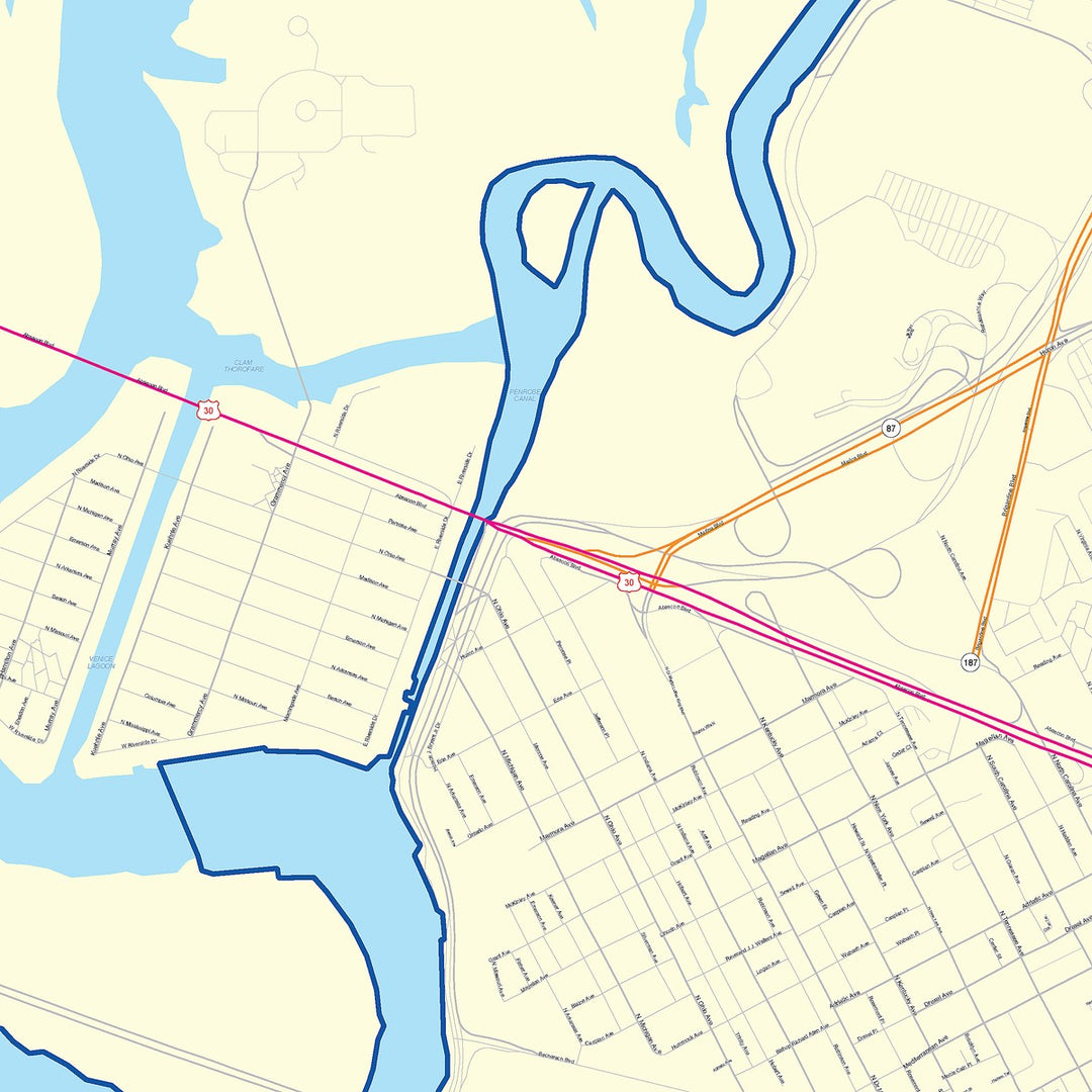 Color Cast Zip Code Style Wall Map of Atlantic City, NJ