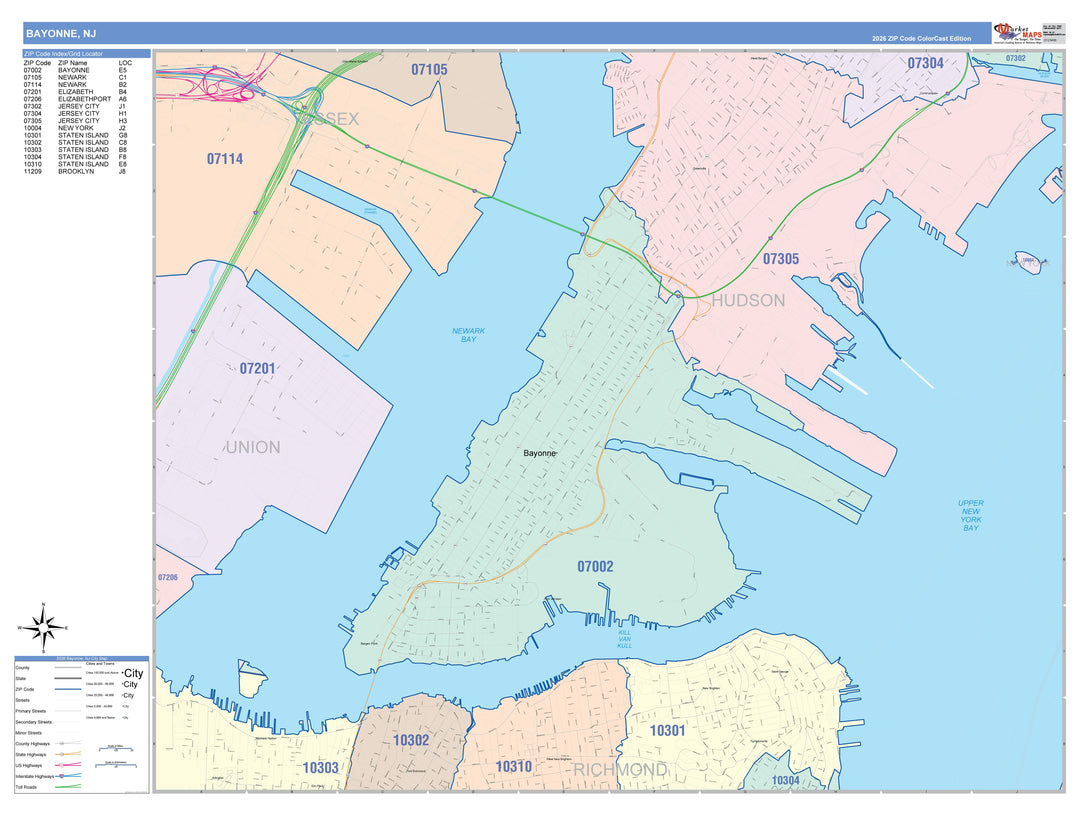 Color Cast Zip Code Style Wall Map of Bayonne, NJ