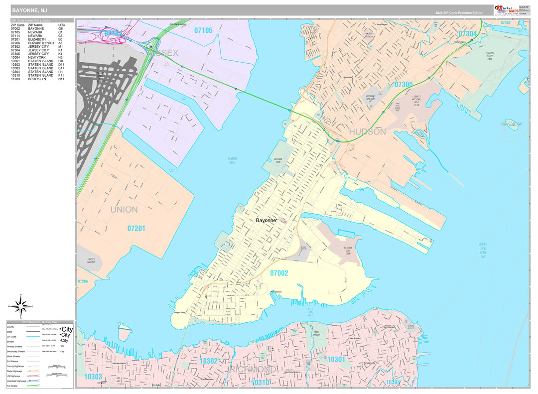 Premium Style Wall Map of Bayonne, NJ