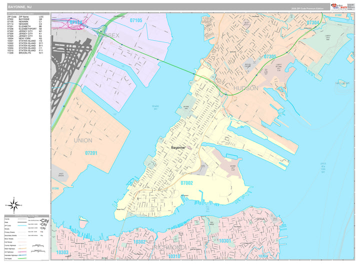 Premium Style Wall Map of Bayonne, NJ