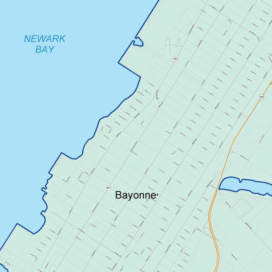 Color Cast Zip Code Style Wall Map of Bayonne, NJ