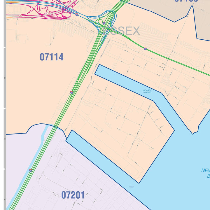 Color Cast Zip Code Style Wall Map of Bayonne, NJ