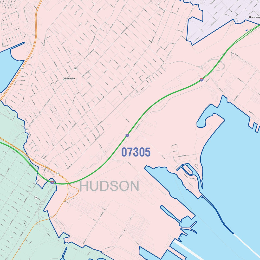 Color Cast Zip Code Style Wall Map of Bayonne, NJ