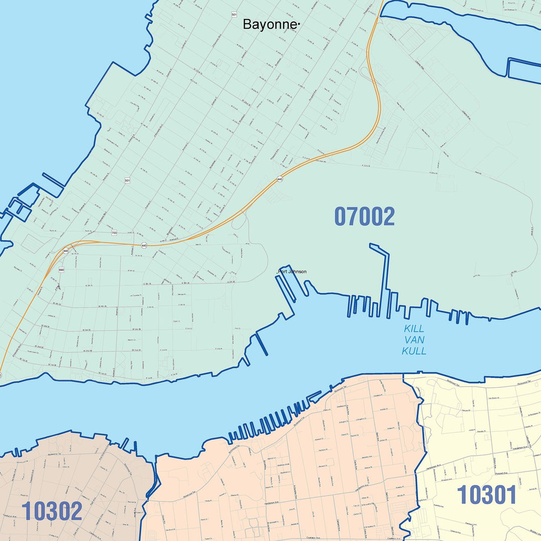 Color Cast Zip Code Style Wall Map of Bayonne, NJ
