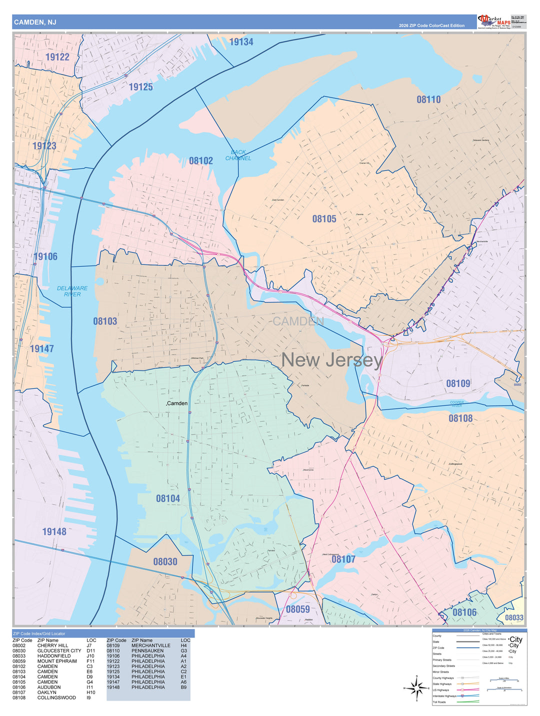 Color Cast Zip Code Style Wall Map of Camden, NJ