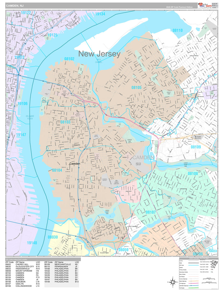 Premium Style Wall Map of Camden, NJ