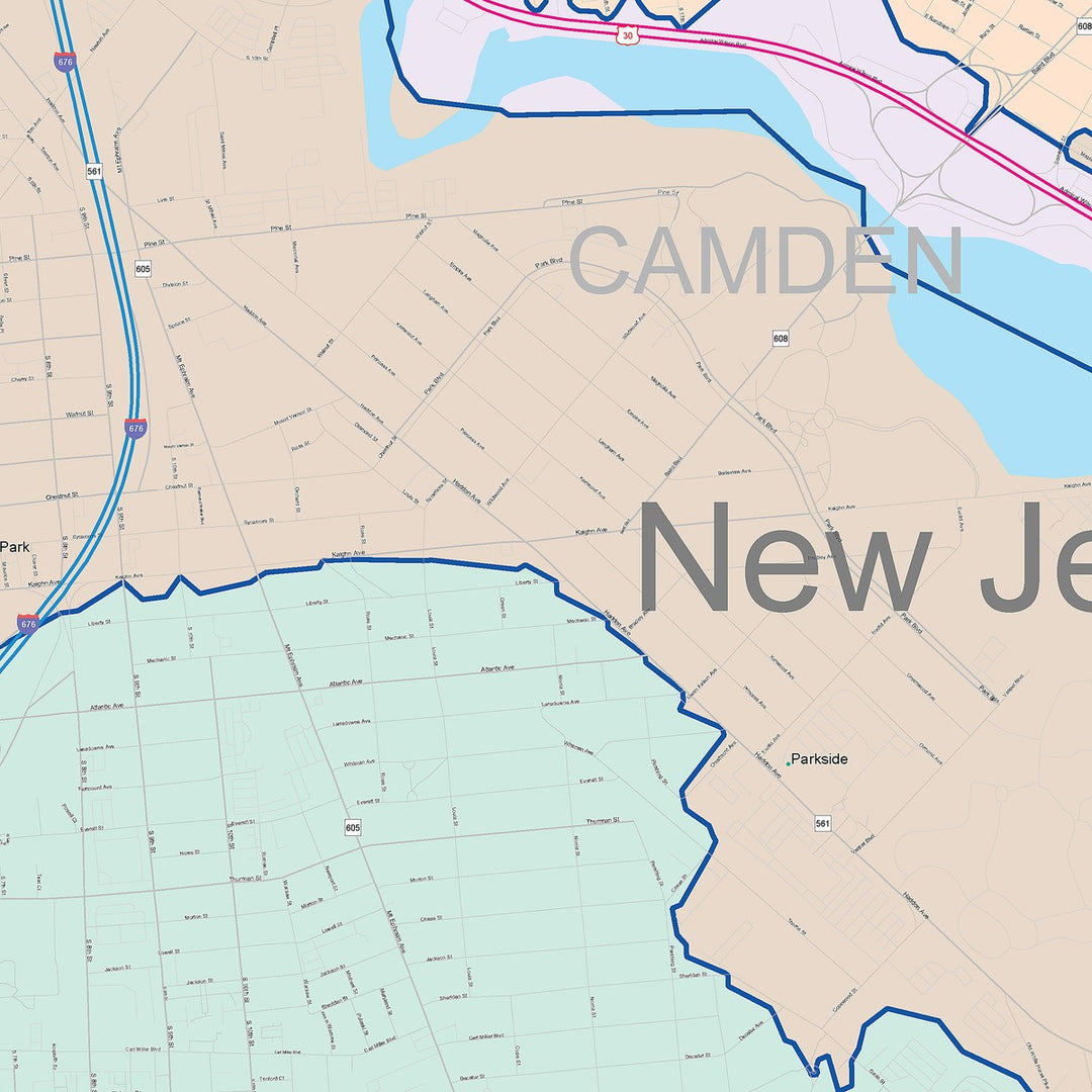 Color Cast Zip Code Style Wall Map of Camden, NJ