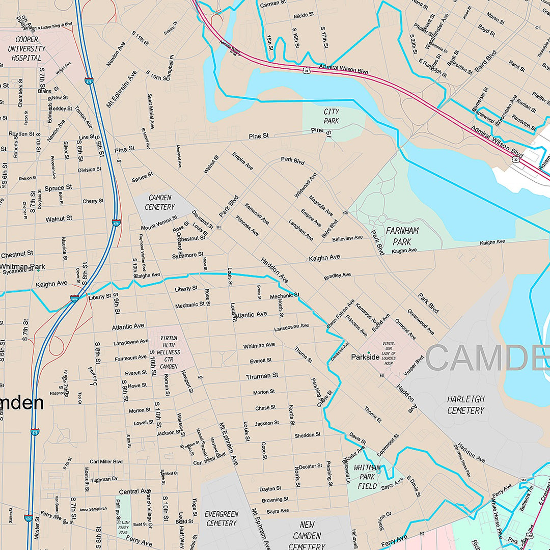 Premium Style Wall Map of Camden, NJ