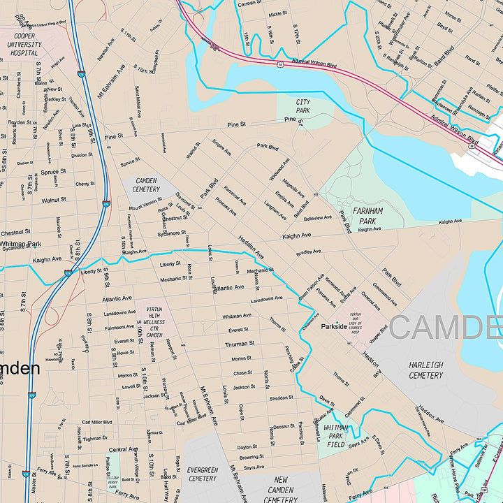 Premium Style Wall Map of Camden, NJ