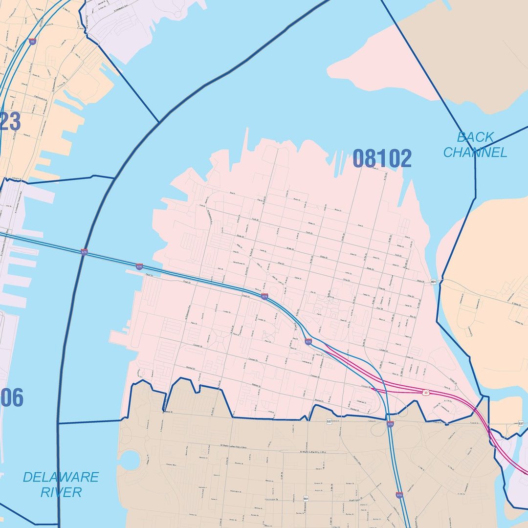 Color Cast Zip Code Style Wall Map of Camden, NJ