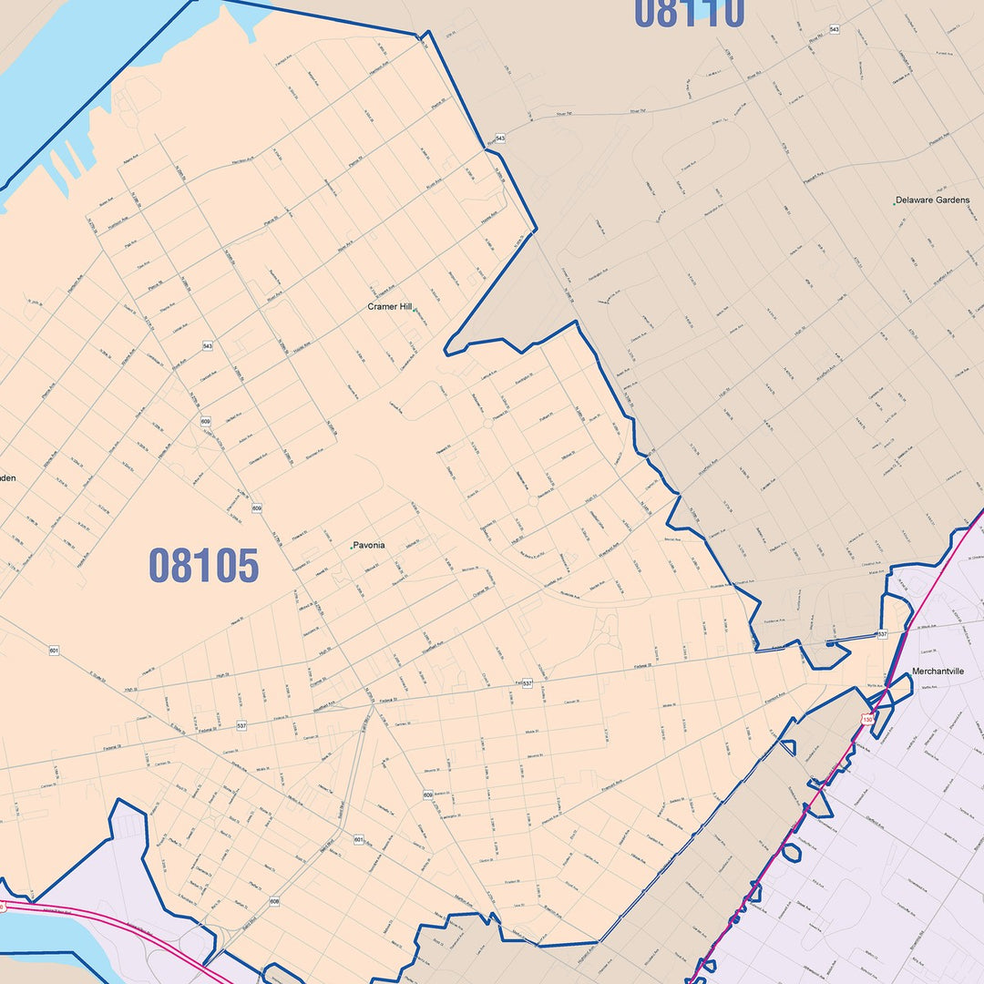 Color Cast Zip Code Style Wall Map of Camden, NJ