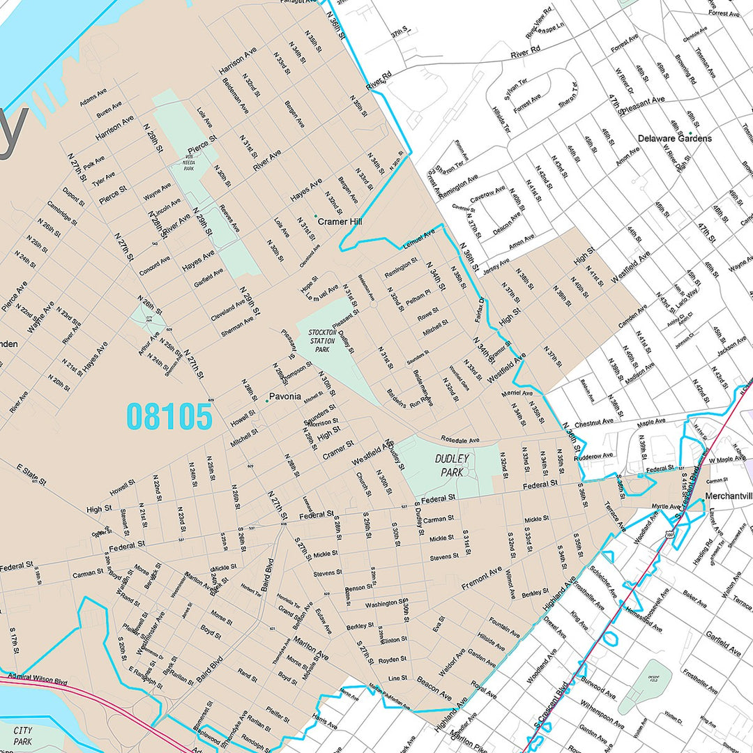 Premium Style Wall Map of Camden, NJ