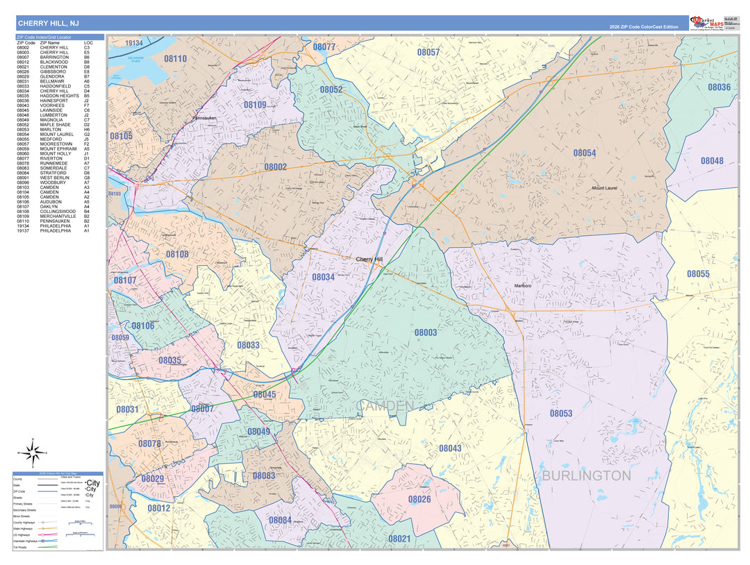 Color Cast Zip Code Style Wall Map of Cherry Hill, NJ
