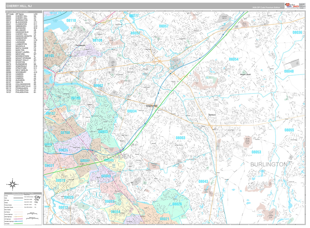Premium Style Wall Map of Cherry Hill, NJ