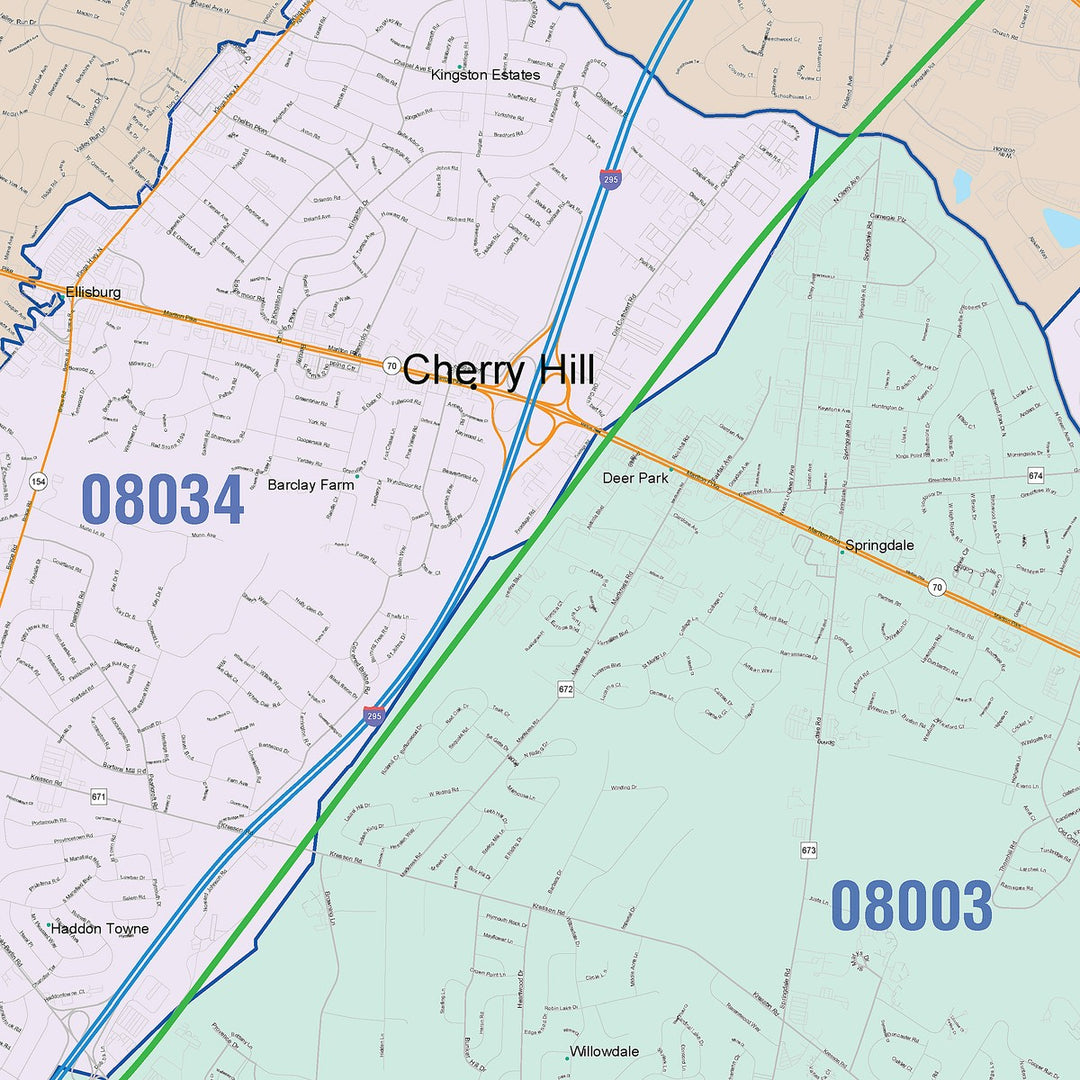 Color Cast Zip Code Style Wall Map of Cherry Hill, NJ
