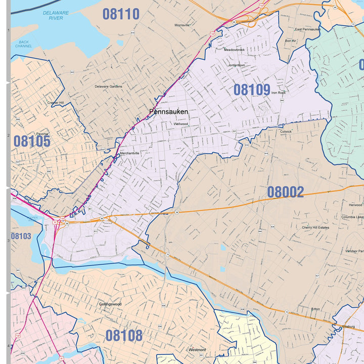 Color Cast Zip Code Style Wall Map of Cherry Hill, NJ