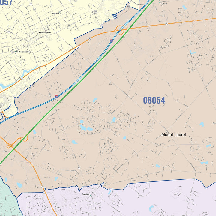 Color Cast Zip Code Style Wall Map of Cherry Hill, NJ