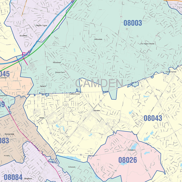 Color Cast Zip Code Style Wall Map of Cherry Hill, NJ