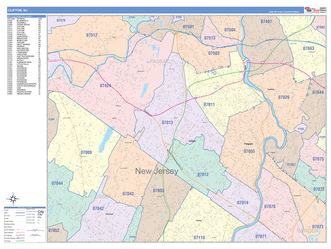 Color Cast Zip Code Style Wall Map of Clifton, NJ