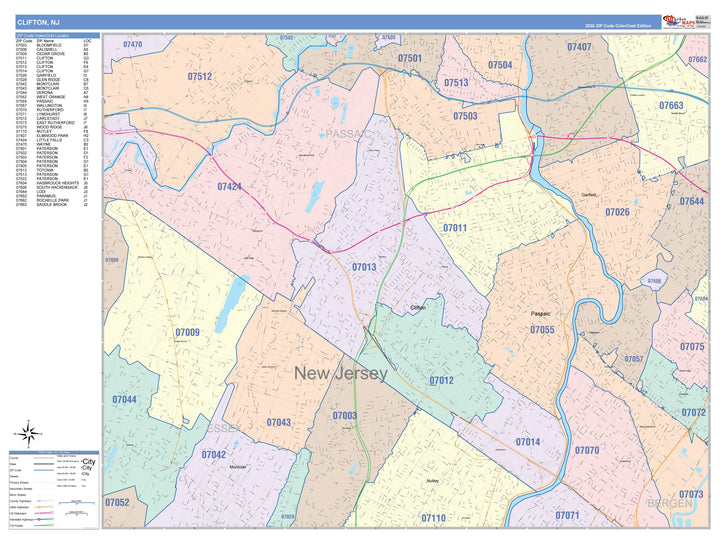 Color Cast Zip Code Style Wall Map of Clifton, NJ