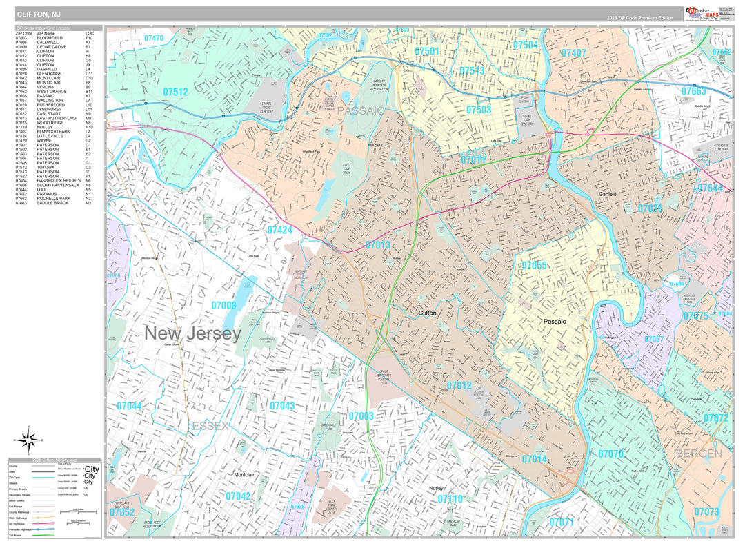 Premium Style Wall Map of Clifton, NJ