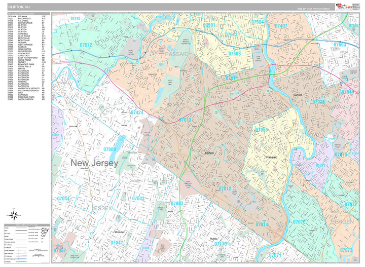 Premium Style Wall Map of Clifton, NJ