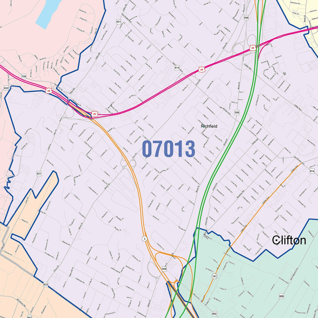 Color Cast Zip Code Style Wall Map of Clifton, NJ
